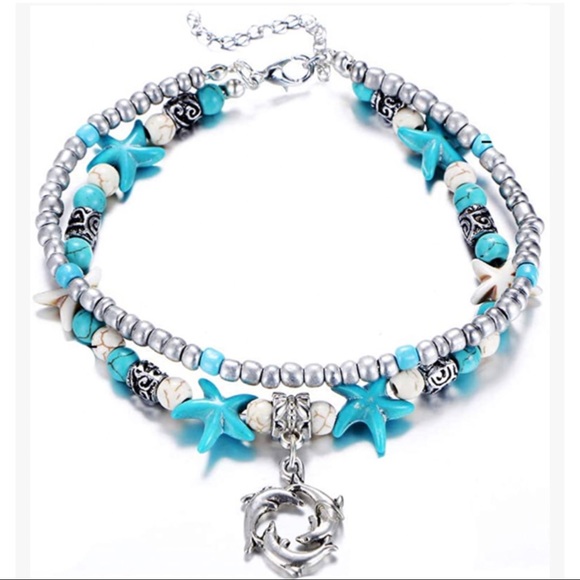 Jewelry - Dolphin Starfish Silver Toned Turquoise Beaded Boho Anklet
